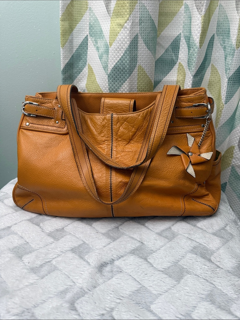 Franklin Covey Cognac Brown Leather Shoulder Bag with Pinwheel Charm